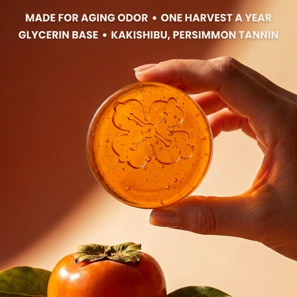 Kakiyu persimmon soap bar held in hand, made for aging odor