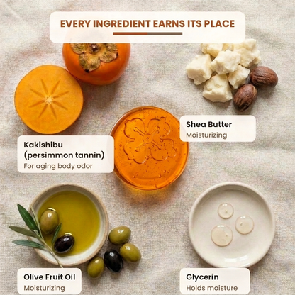 Kakiyu ingredients flat lay: persimmon, shea butter, olive oil, glycerin